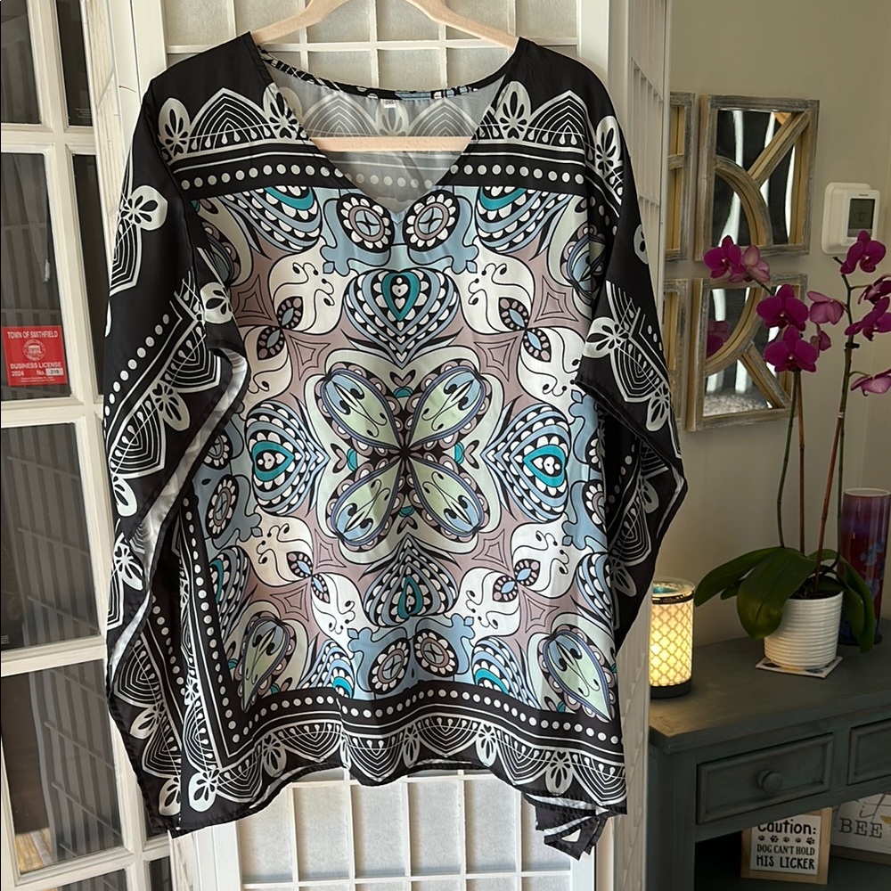 Bohemian Black and Blue Patterned Women's Top